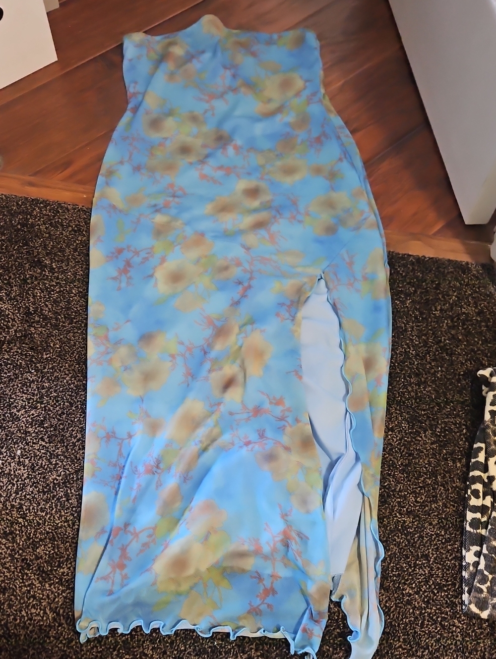 Urban Outfitters Blue Floral Midi Slip Dress with Side Slit